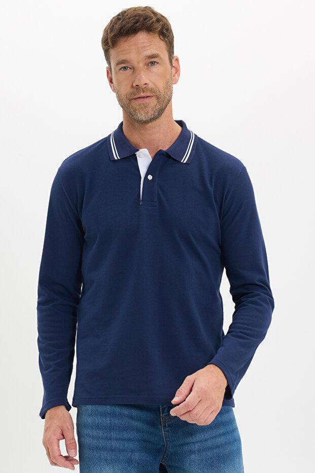 Men's Slim Fit 100% Cotton Long Sleeve Navy Blue Polo Collar Sweatshirt