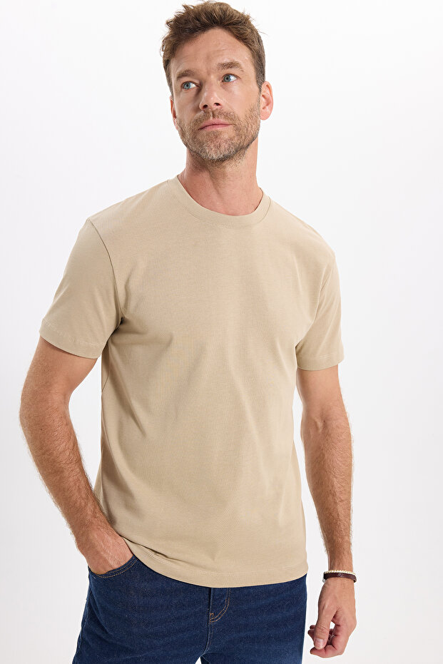 Unisex Regular Fit Comfortable Cut 100% Cotton Crew Neck Beige T-Shirt
