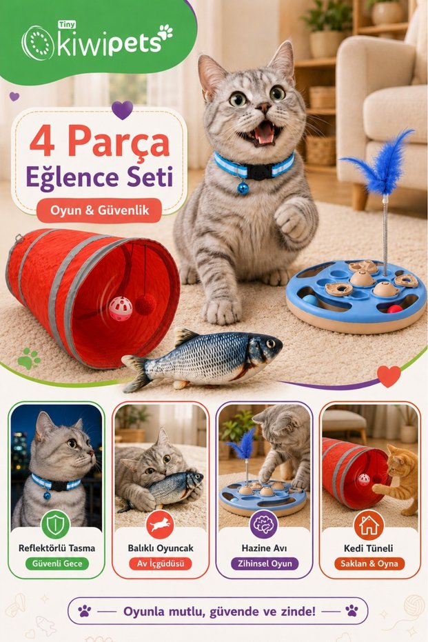 4-Piece Cat Play and Entertainment Set | Leash, Tunnel, Fish and Intelligence Toy