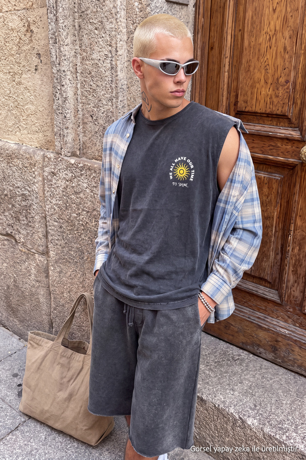 Antrasit Oversize/Geniş Kesim Soluk Efektli Yazı Baskı %100 Pamuk T-Shirt/Atlet TMNSS23AL00009