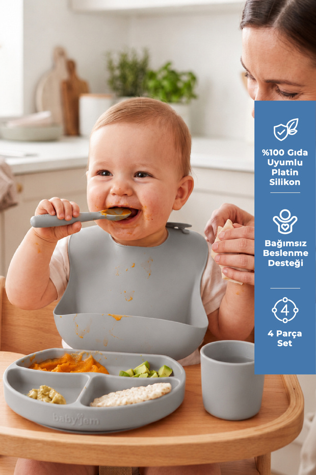 Silicone Nutrition Set Gray - Bpa-Free Silicone Bib & Plate & Cup & Spoon