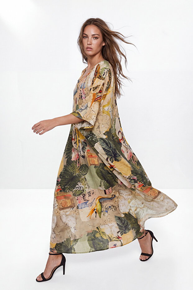 Khaki Square Kaftan Tropical Pattern Free Size Maxi Woven Hijab Dress Tctss26Eb00161