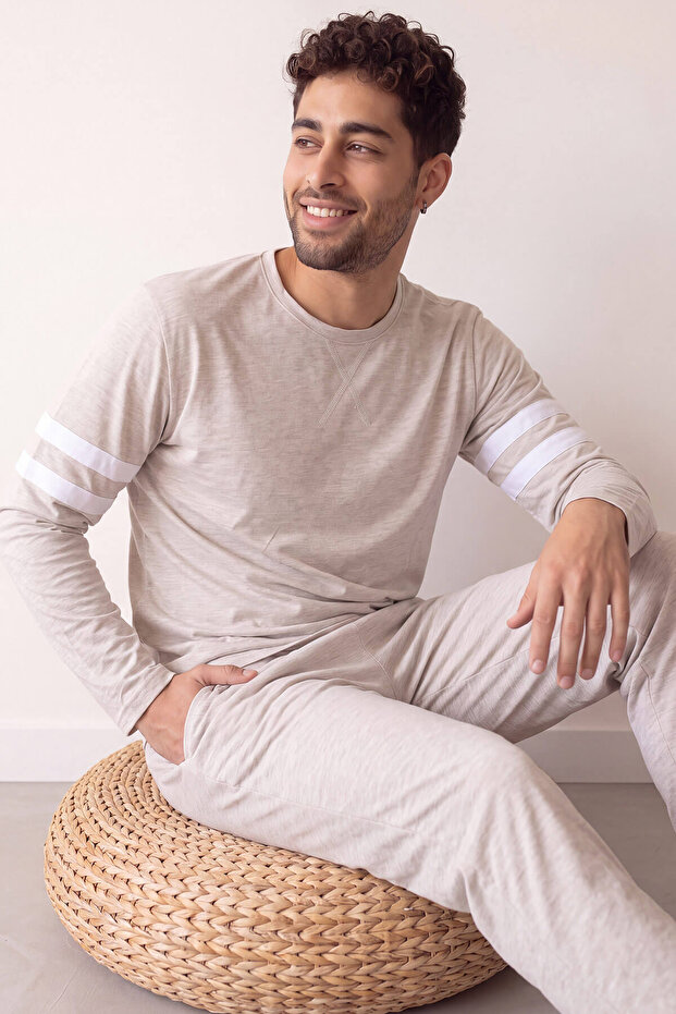 Ecru Line Patterned Stylish Men's Long Sleeve Pajama Set