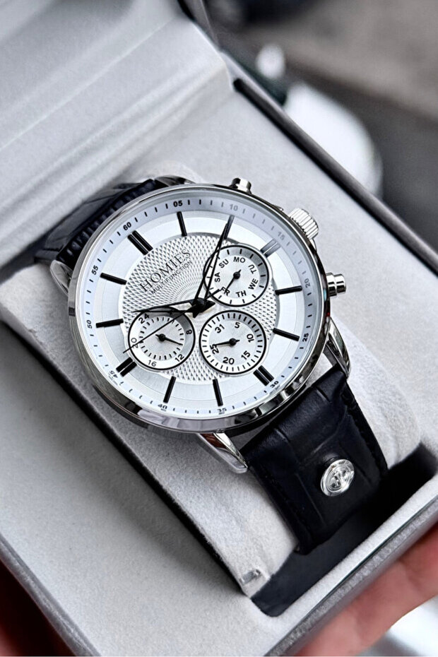 Men's Wristwatch 3 Atm Waterproof Black Color Leather Strap Gift Special Box Hme2044C6