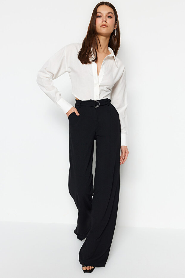 Siyah Kemerli Wideleg/Geniş Paça Normal Bel Smart Krep Kumaş Örme Pantolon TWOSS23PL00330