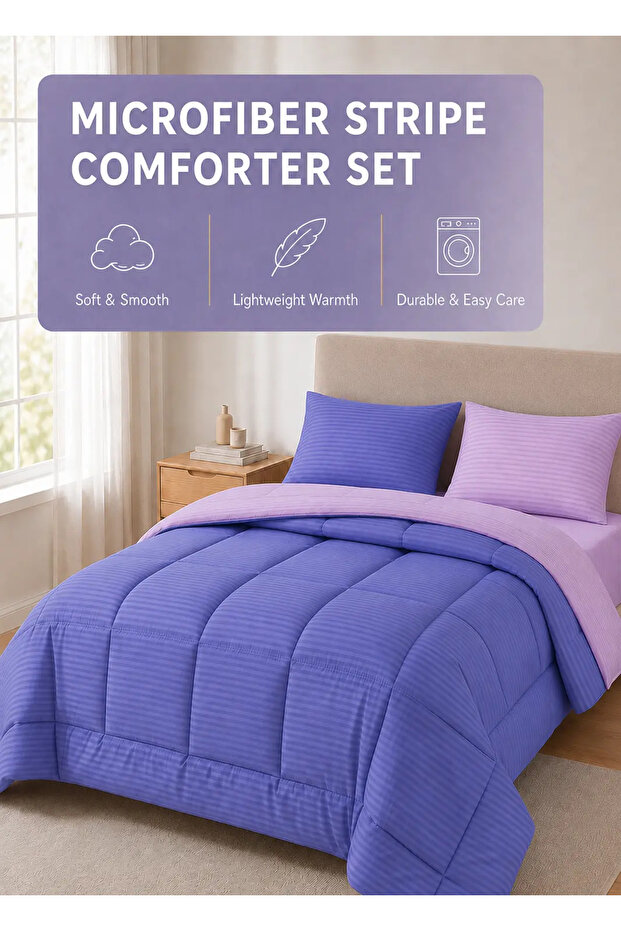 Stripe Reversible Comforter Set- Ultra Soft Microfiber Fabric, Soft Siliconized Fiber Filling