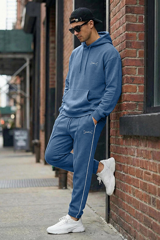 Indigo Regular /Rahat Kesim Kapüşonlu Nakışlı İçi Polar Sweatshirt Eşofman Takım TMNAW24EM00000