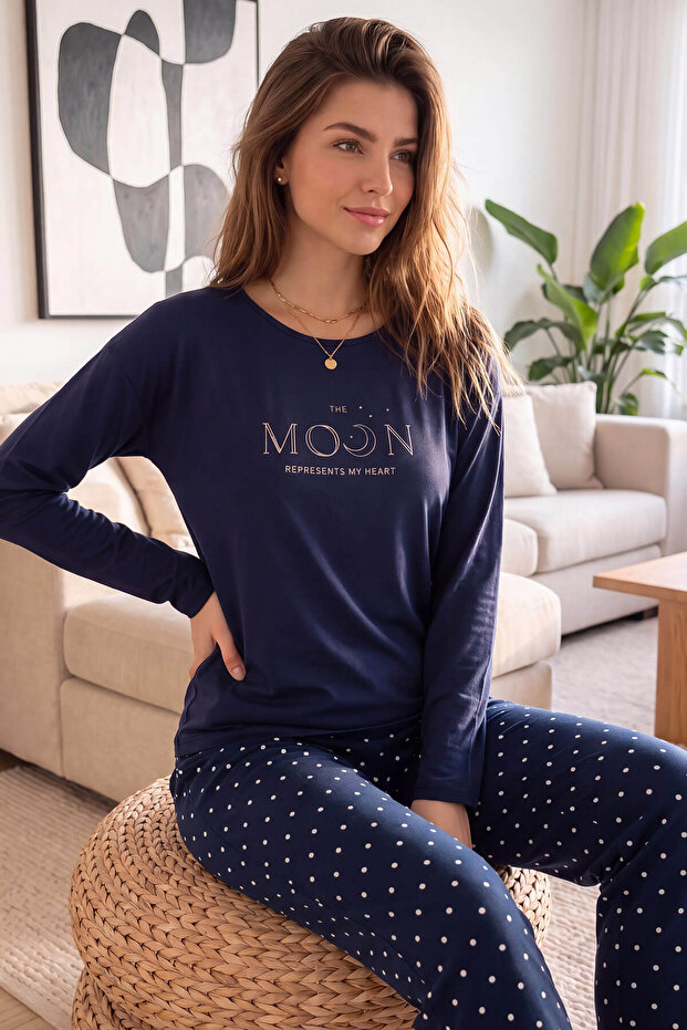 Navy Blue Moon Patterned Bamboo Long Sleeve Women's Pajama Set