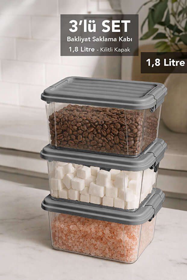 3 Pieces 1.8Lt Elora Organizer Box - Lockable Lid Kitchen Organizer Food Storage Container Gray
