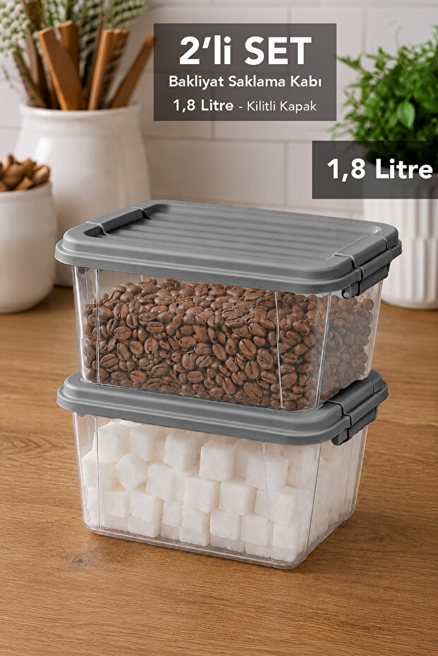 2 Pieces 1.8Lt Elora Organizer Box - Lockable Lid Kitchen Organizer Food Storage Container Gray
