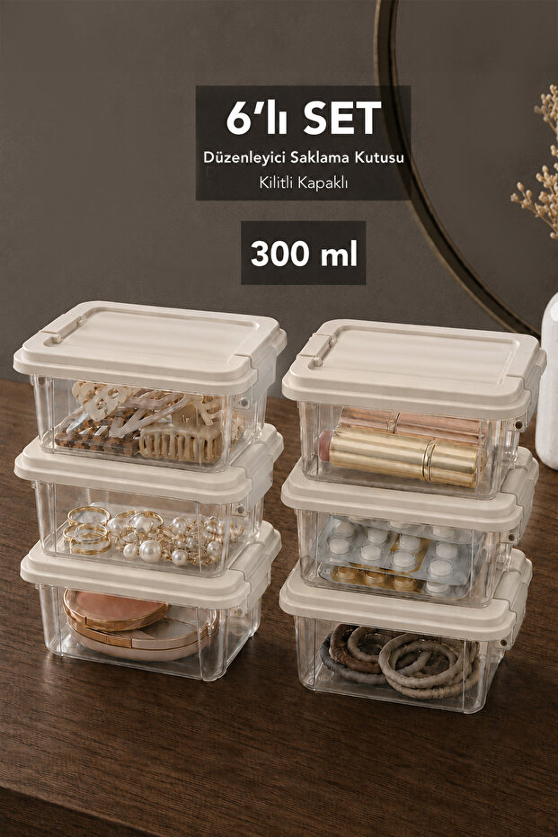 6 Pieces 300ml Organizer Box - Cabinet Drawer Organizer with Lockable Lid Elora Storage Box Beige