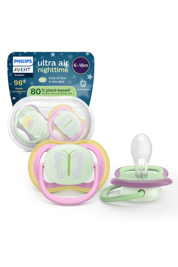 Ultra Air Night Pacifier, Orthodontic, Glow in the Dark, 6-18 Months, Girl, Scf376/29