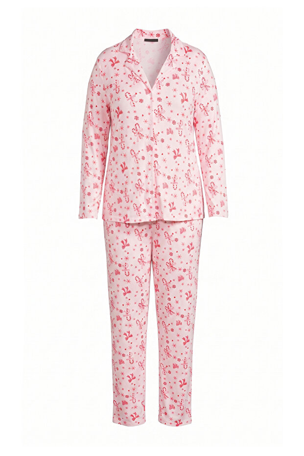 Pembe Yılbaşı ve Kurdele Desenli Yumuşak Tuşeli Örme Pijama Takımı THMAW27PT00228