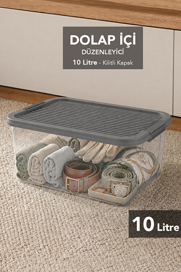 10Lt Lockable Lid Organizer - Elora In-Cabinet Organizer Multi-Purpose Storage Box Gray