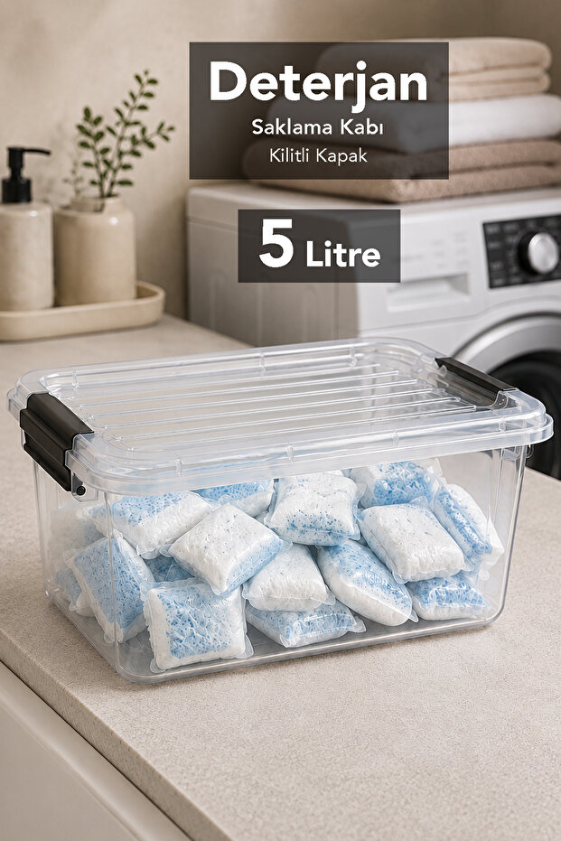 5Lt Elora Lockable Lid Box - Powder Tablet Detergent Organizer Multi-Purpose Bathroom Organizer Transparent