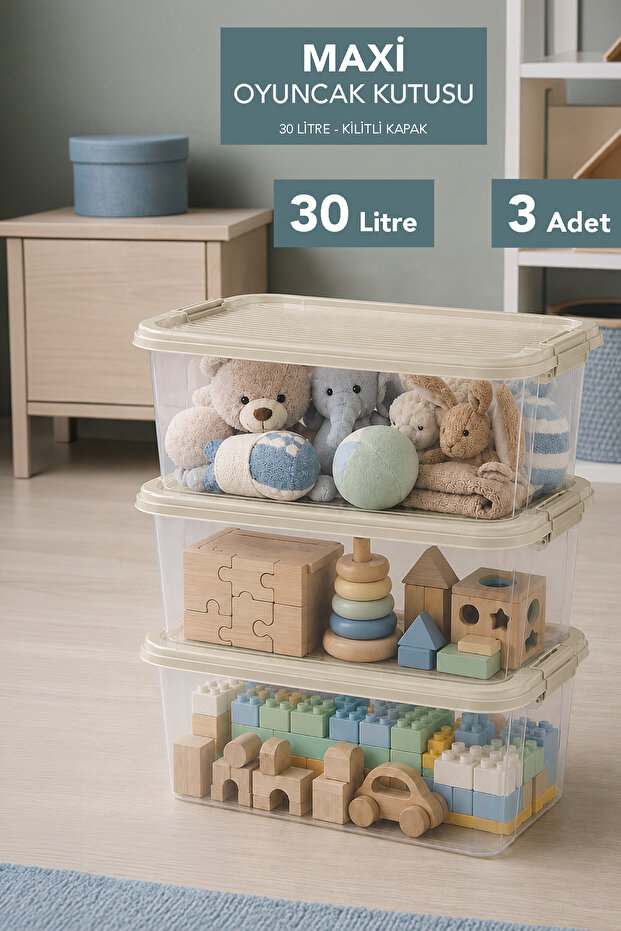 3-Piece Toy Storage Box - Baby Room Item Storage Kids Organizer with Locking Lid 30Lt Beige