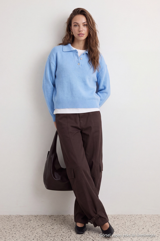 Wardrobe Essentials Bebe Mavisi Yünlü Basic Geniş Kalıp Özel İplikli Triko Kazak TWOAW26KZ00072