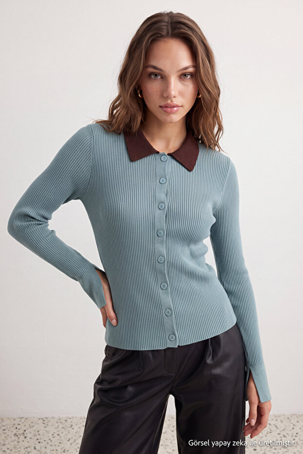 Wardrobe Essentials Mint Premium Özel İplik Polo Yaka Triko Hırka TWOAW26HI00225