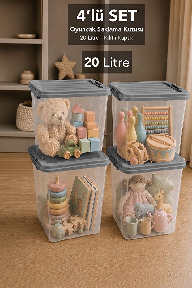 4-Piece Deep Toy Organizer - Baby Room Organizer with Locking Lid Storage Box 20Lt Gray