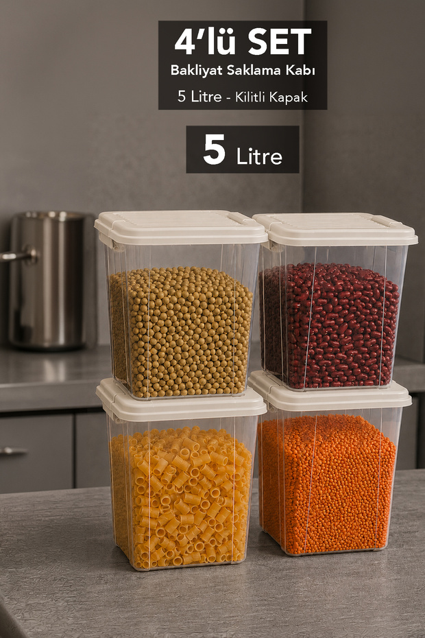 4-Piece 5Lt Lockable Lid Organizer Box - Kitchen Organizer Deep Elora Food Storage Container Beige