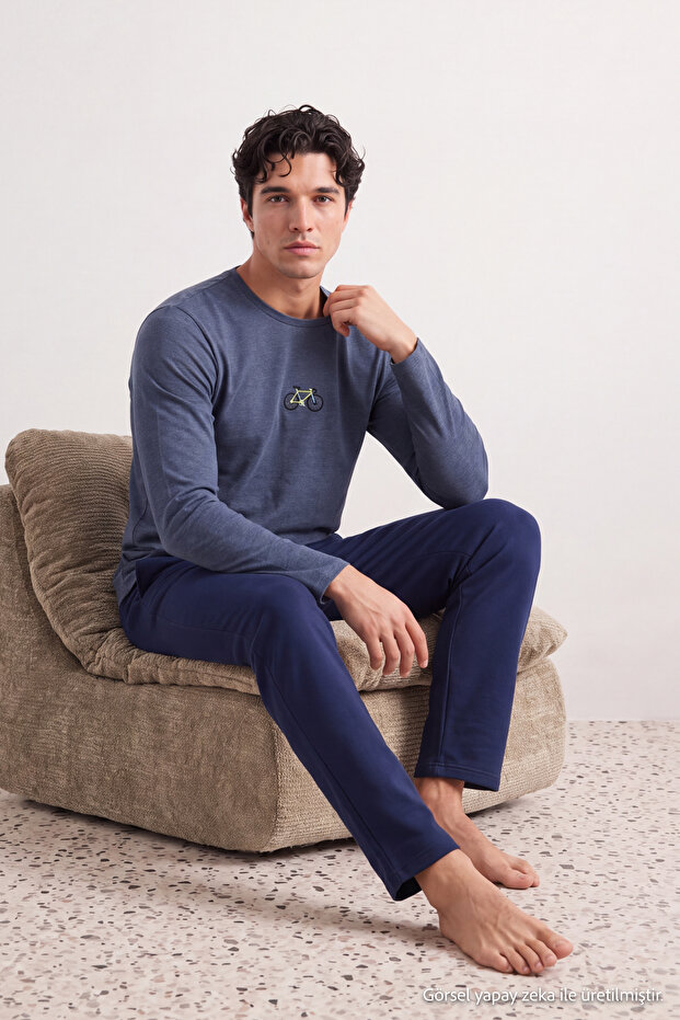 İndigo Regular Bisiklet Nakışlı Örme Pijama Takımı TMNAW27PT00038