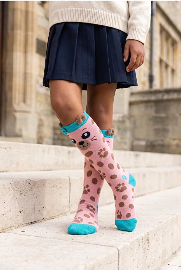 Girl's Dog Patterned Knee Socks Pink