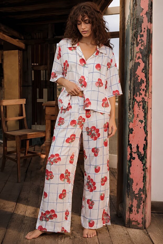 Viscose Woven White Tomato Patterned Checkered Short Sleeve Buttoned Pajama Set