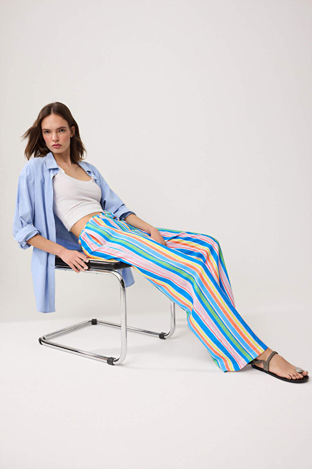 Çok Renkli Beli Lastikli Renkli Çizgili Wide Leg/Geniş Paça Pantolon TWOSS26PL00154