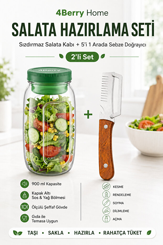 2-Piece Salad Preparation Set - Leak-Proof Salad Container + 5-in-1 Multifunctional Vegetable Chopper