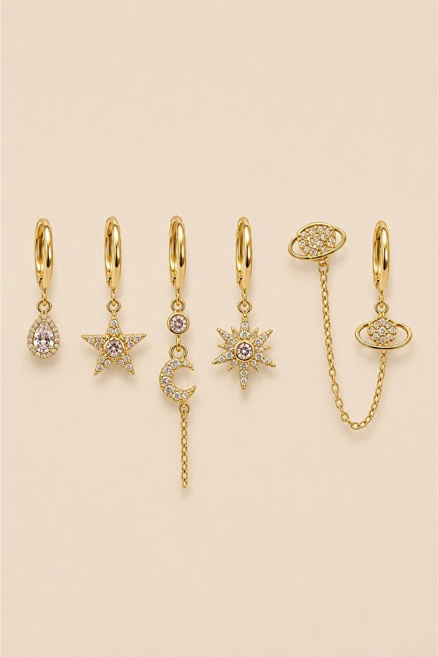Women's Gold Color 6-Piece Zircon Stone Figured Hoop and Stud Earring Set – Model Options Available