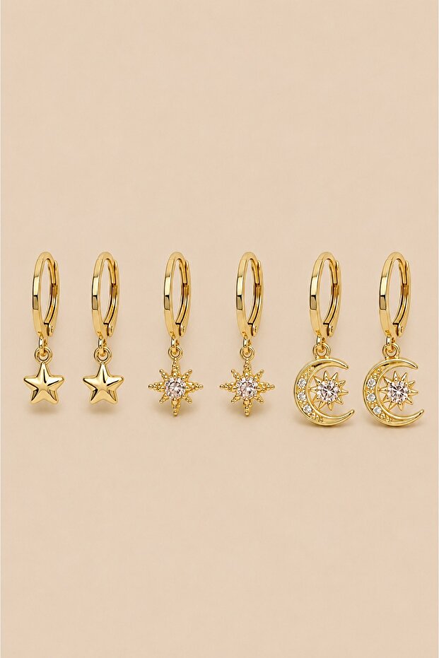 Women's Gold Color 6-Piece Zircon Stone Figured Hoop and Stud Earring Set – Model Options Available
