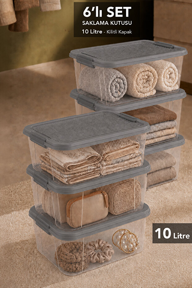 6-Piece 10Lt Lockable Lid Organizer - Elora In-Cabinet Organizer Multi-Purpose Storage Box Gray