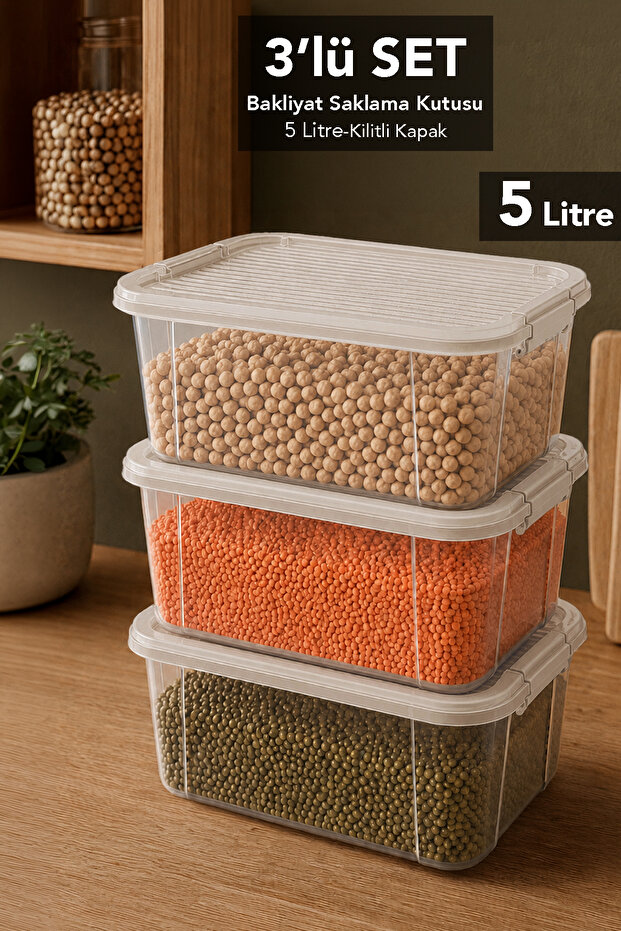 3 Pieces 5Lt Elora Lockable Lid Box - Erzak Food Storage Container Multi-Purpose Kitchen Organizer Beige