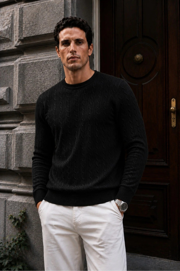 Malick Fine Knit Crew Neck Men's Sweater - Black