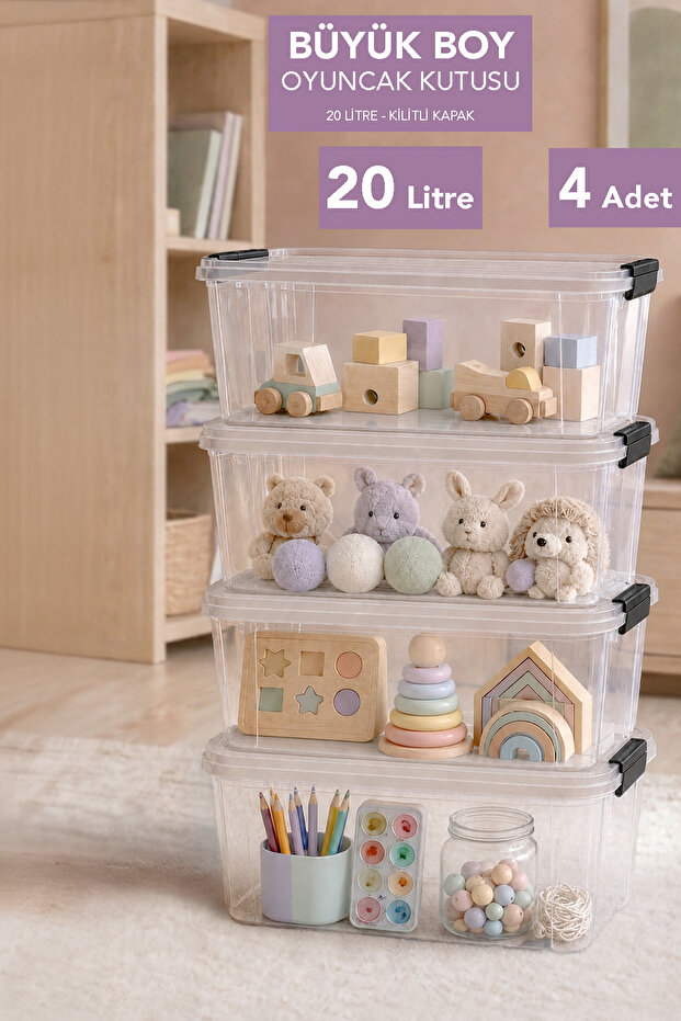 4-Piece Organizer with Locking Lid - Baby Room Toy Storage Box Children's Item Organizer 20Lt Transparent