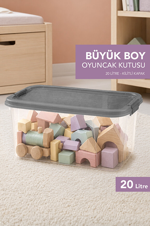 Storage Box with Locking Lid - Baby Kids Room Organizer Toy Organizer 20Lt Gray