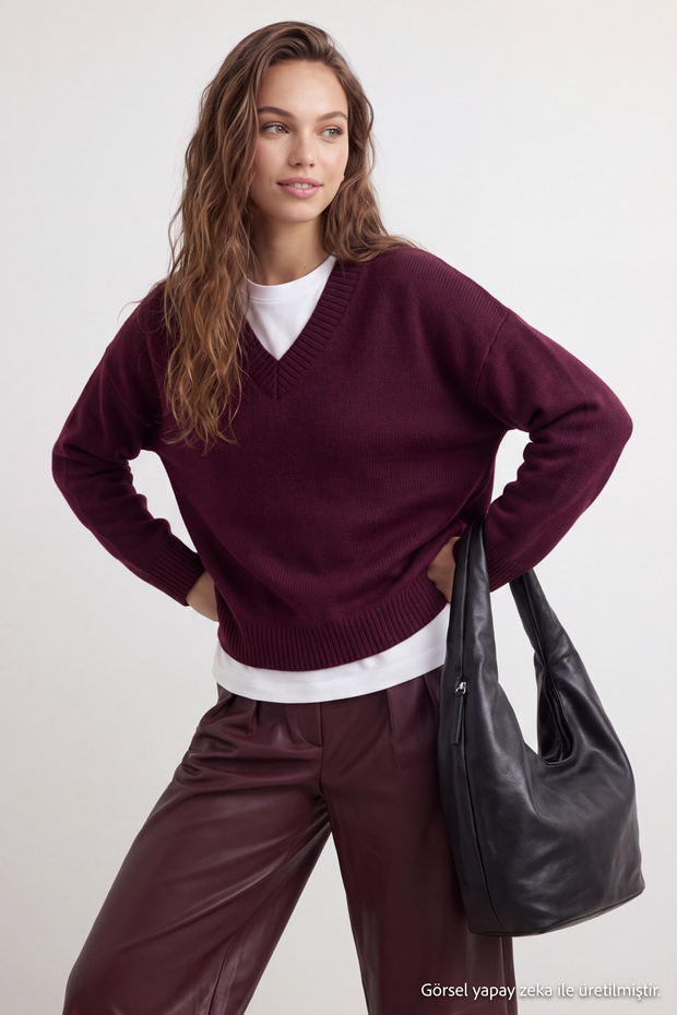 Wardrobe Essentials Bordo Basic Geniş Kalıp Yumuşak Dokulu  Triko Kazak TWOAW26KZ00091