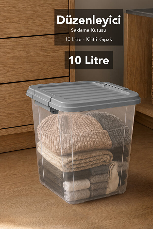 10Lt Lockable Lid Storage Box - Derin Elora Multi-Purpose Organizer Box Gray