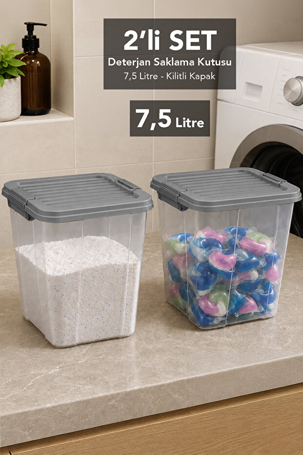 2 Pieces 7.5Lt Elora Organizer Box - Deep Locking Lid Bathroom Organizer Detergent Container Gray