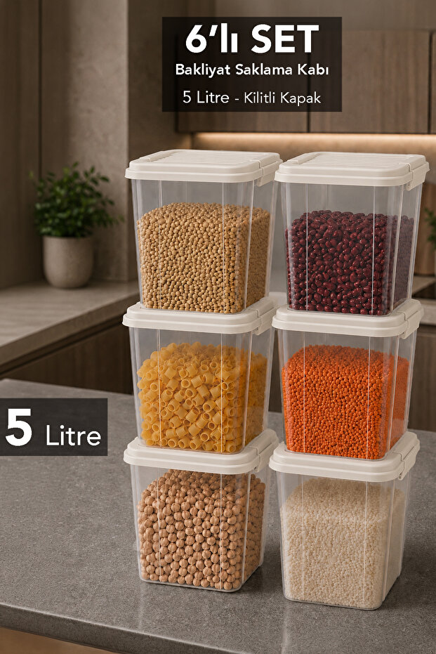 6-Piece 5Lt Lockable Lid Organizer Box - Deep Elora Kitchen Organizer Food Storage Container Beige