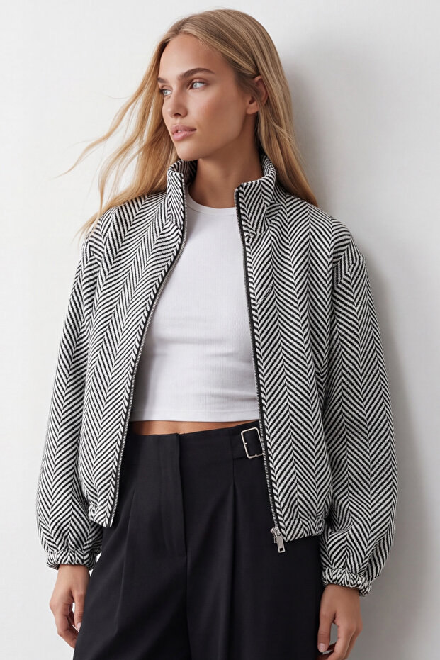 Gray Zipper Closure Elastic Waist Double Pocket Bomber Cashmere Coat Vs01553