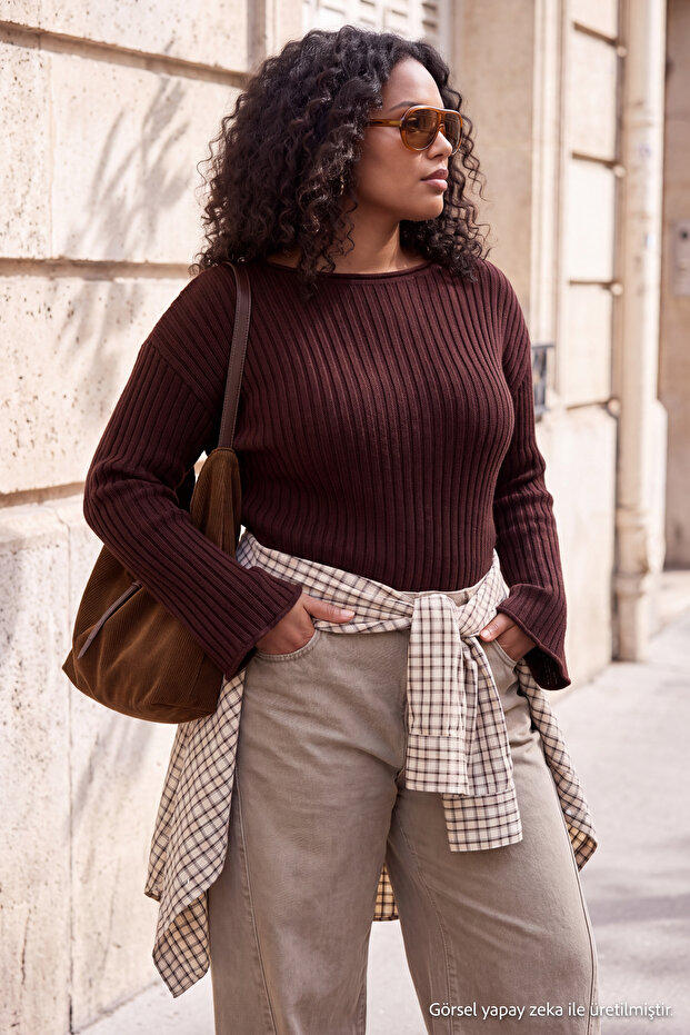 Wardrobe Essentials Brown Corded Plain Boat Neck Oversize Sweater Tbbaw27An00076
