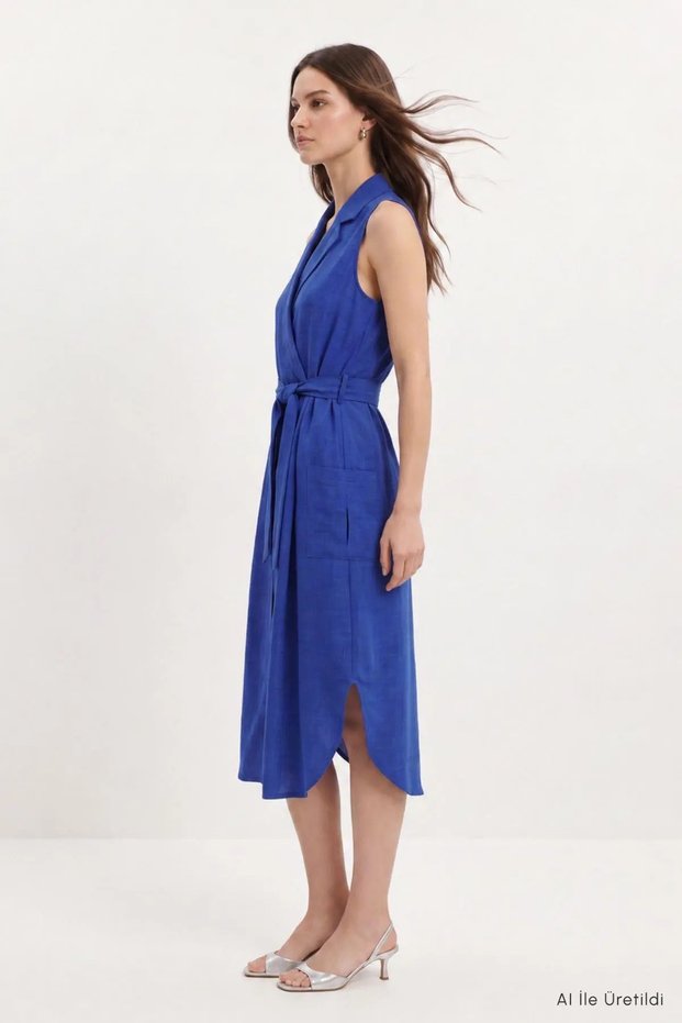 Shirt Collar Zero Sleeve Dress 8668A Cobalt blue