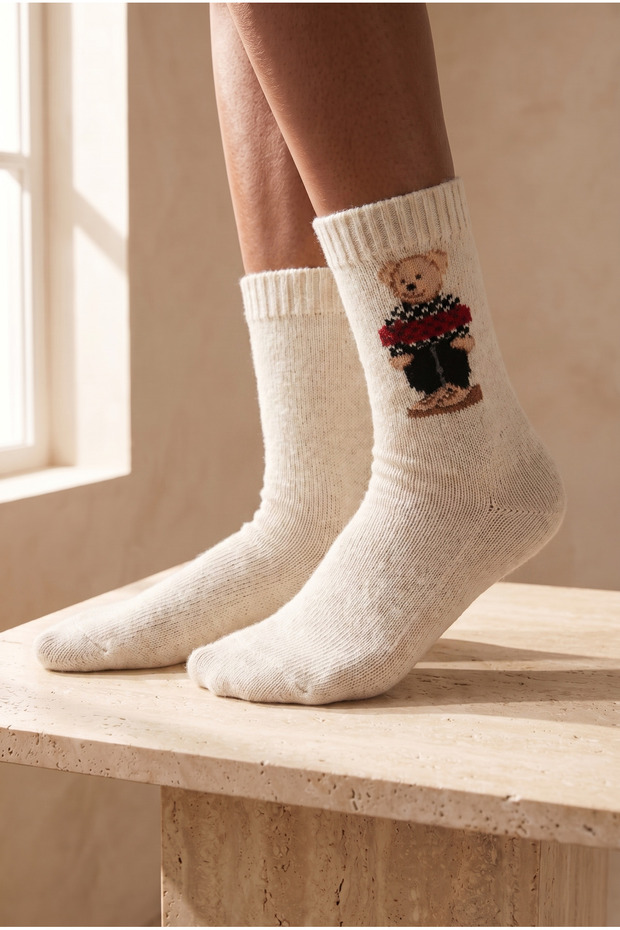 Women's Teddy Patterned Wool Socks Ecru