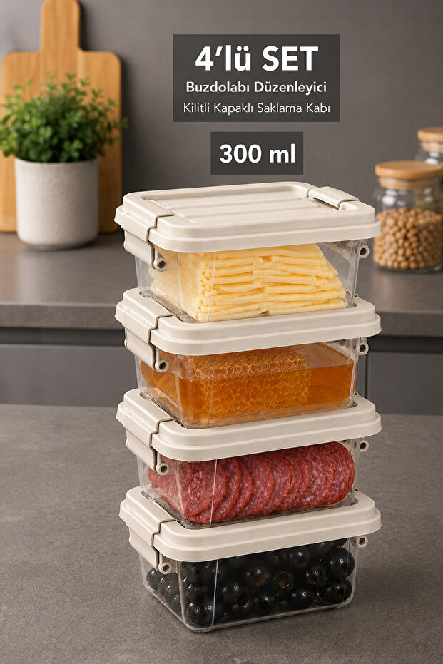 4 Pieces 300ml Organizer Box - Kitchen Drawer Organizer with Lockable Lid Elora Storage Container Beige