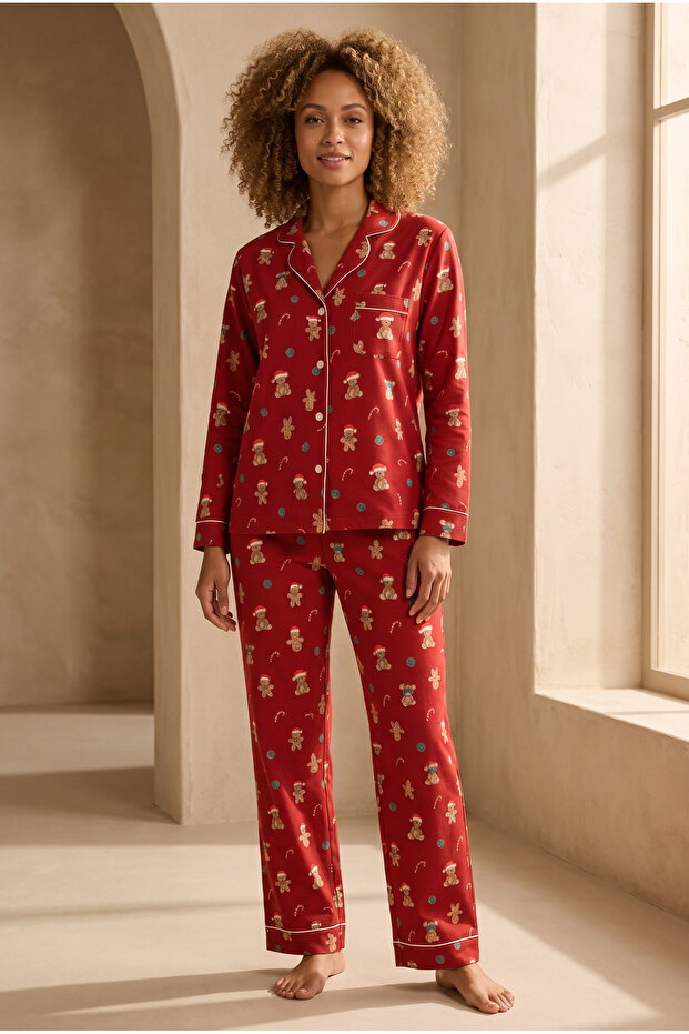 Women's Teddy Patterned Christmas Themed Pajama Set Red