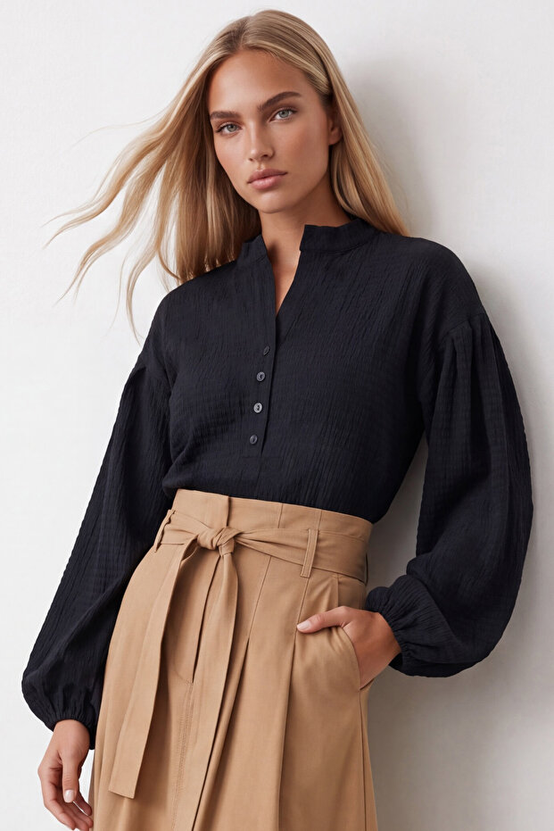 Women's Black Prevailing Collar Button Front Balloon Sleeve Textured Wrap Shirt Blouse Alc-X11872