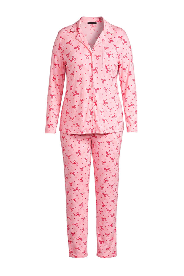 Pink Ribbon Patterned Soft Buttoned Knitted Pajamas Set Thmaw27Pt00227