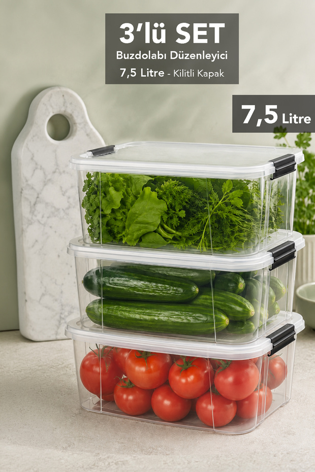 3-Piece 7.5Lt Elora Organizer Box - Lockable Lid Kitchen Organizer Legume Storage Container Transparent