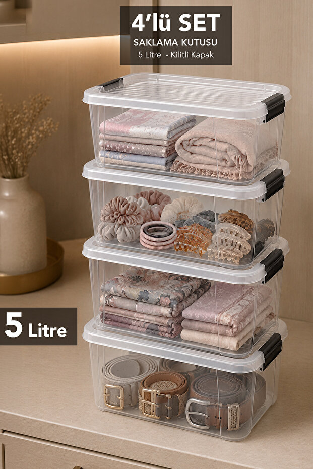 4 Pieces 5Lt Elora Lockable Lid Box - Multi-Purpose Closet Organizer Storage Box Transparent
